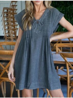 Casual Slate Grey Mini Dress with Tie Neck